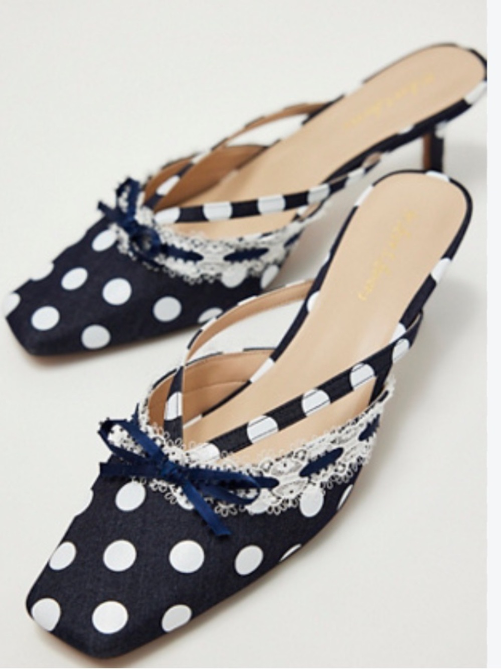 For love & lemons NEW W BOX navy polka dot lace trim heel mules w bow sz 7